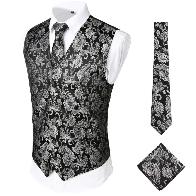 ZEROYAA Mens Classic 3pc Jacquard Paisley Vest Set Necktie Pocket Square Waistcoat for Suit or Tuxedo ZLSV08 Black Silver Small - Image 5